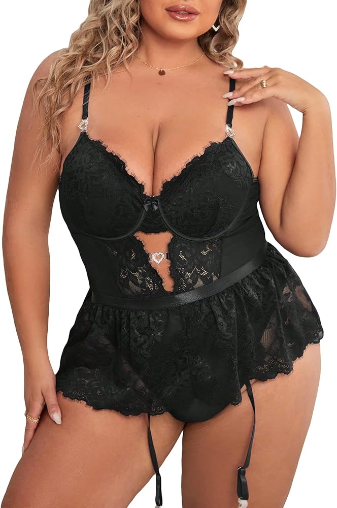 OYOANGLE Women's Plus Size Lace Babydoll Spaghetti Strap V Neck Cut Out Teddy Lingerie Set with Garter Belts