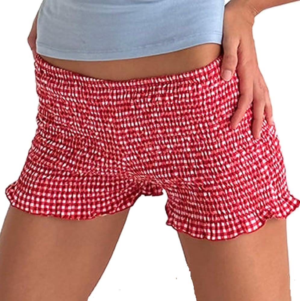 NUFIWI Women Gingham Boy Shorts Smocked Plaid Bloomers Cute Frill Ruffle Sexy Micro Shorts Bottoms Y2k Pettipants