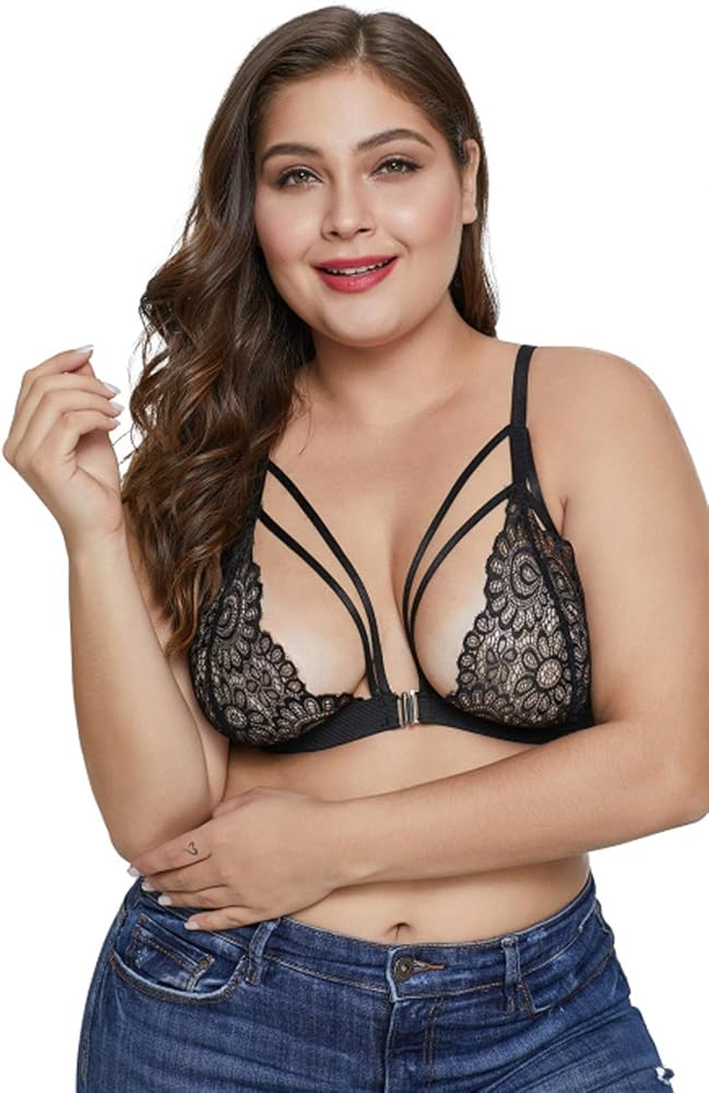 Plus Size Sexy Bralette Lingerie for Women Floral Sheer Lace Strappy Bra Top