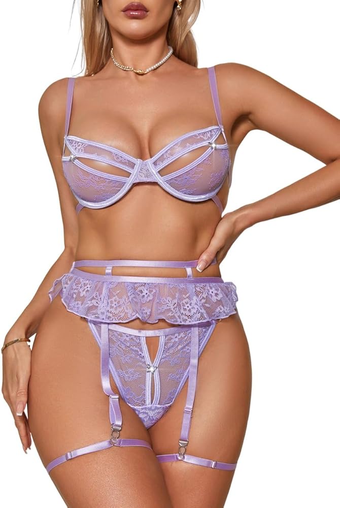 WDIRARA Women's 3 Piece Set Sexy Lingerie for Women Lace Mesh Triangle Cup Lingerie Sets