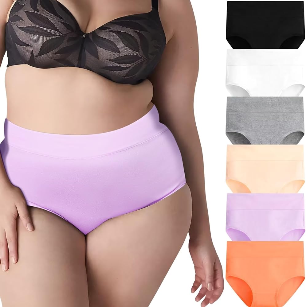 6 Pack Plus Size Underwear For Women High Waisted Tummy Control Cotton Breathable Hipster Panties Women's Briefs