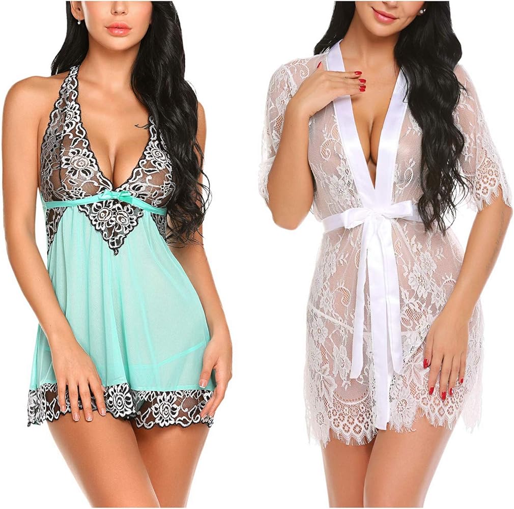 Avidlove Women Babydoll Lingerie(Green,Small) and Women Kimono Robe(White,Small)