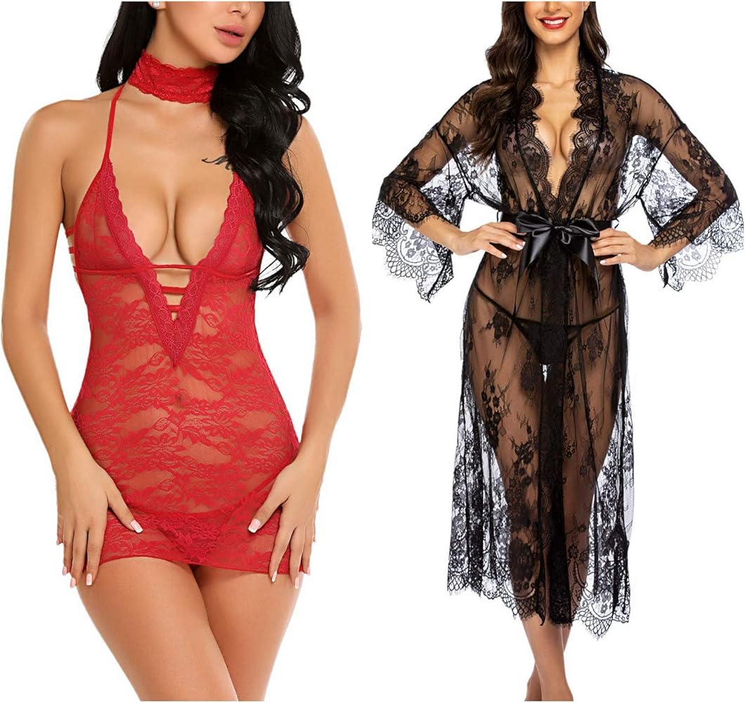 Avidlove Women Babydoll Lingerie (Dark Red,Large) and Women Long Kimono (Black,Large)