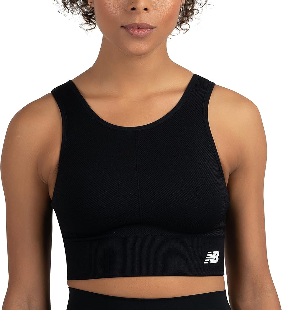 New Balance Women's Seamless Medium Impact High Neck, Scoop Back Sports Bra with Removable Pads