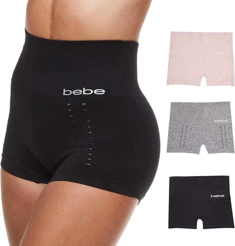 bebe Womens Multi Pack Tag Free Open Knit Tummy Control Seamless Shapewear Boyshorts