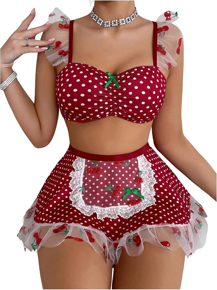 WDIRARA Women's 3 Piece Set Polka Dots Ruffled Trim Ruched Lingerie Set with Half Skirts