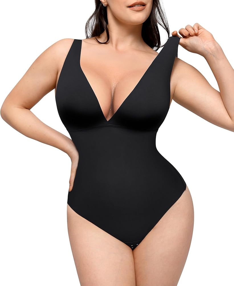 FeelinGirl Shapewear Bodysuits for Women Deep V Neck Tummy Control Shapewear Thong Body Suits Mesh Bodysuit Tops