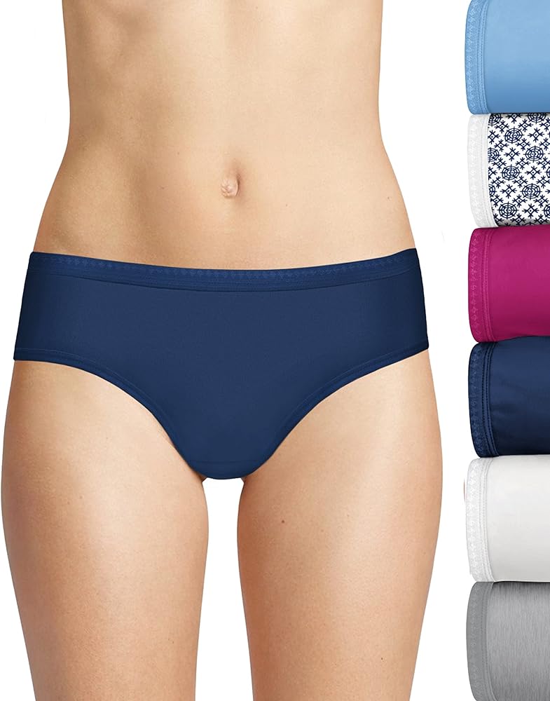 Hanes Ultimate Women's 6-Pack Breathable Cotton Hipster Panty, Swiss Blue, White, Concrete PE Heather, Fresh Berry, Navy Eclipse, Crochet Boho Print, 6