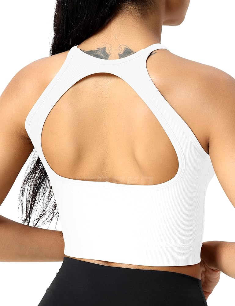 YEOREO Sports Bras for Women Ribbed Backless Halter Workout Tank Tops Sleeveless Padded Janelle Yoga Crop Top Camisole