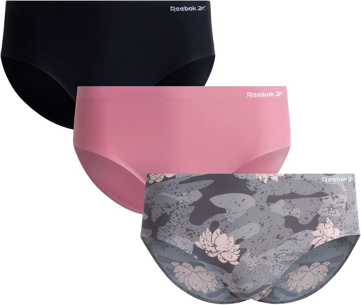 Reebok Women's Hipster Briefs - 3 Pack Stretch Performance Breathable Hipster Panties - Seamless Underwear for Women (S-XL), Size Large, Sharkskin/Fox Glove/Black