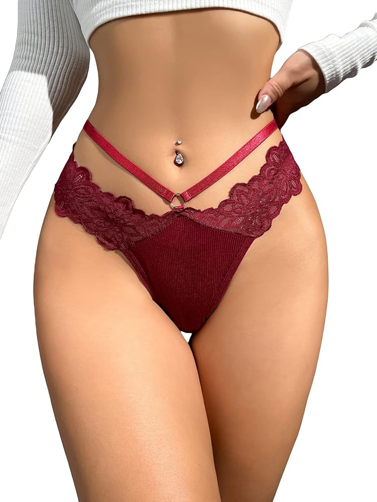 OYOANGLE Women's Floral Lace Bow Decor Panty Mid Rise Mesh Thong Underwear Burgundy Cutout L