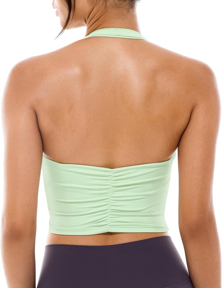 Lavento Women's Halter Sports Bra Pleated Longline Padded Yoga Crop Bras Top