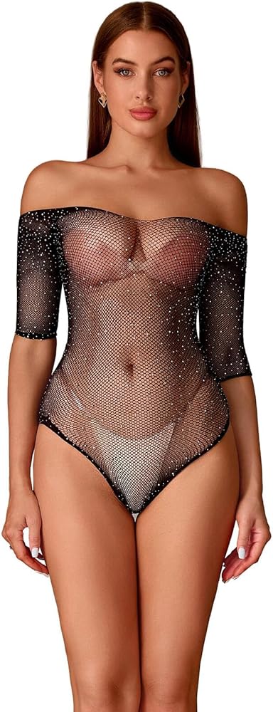 Women's Sexy Bodysuit Rhinestone Long Sleeve Fishnet Teddy Lingerie Strapless Dress Tops Sexy Outfits