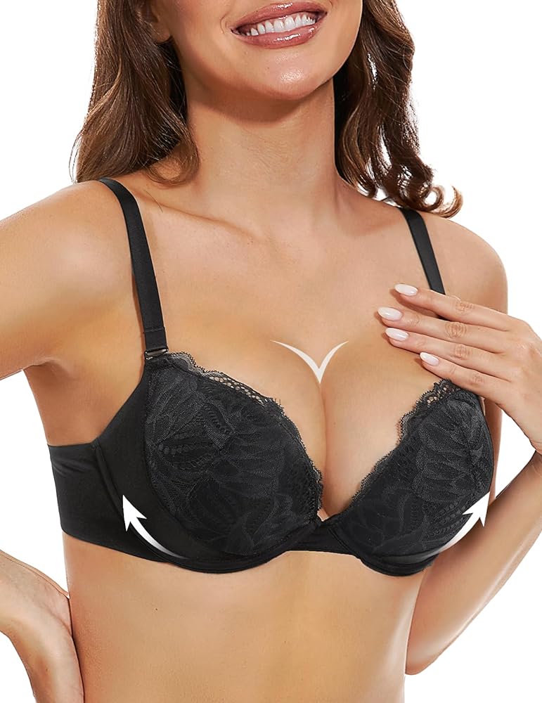 Padded Push Up Bras for Women V Neck T-shirt Lace Brassiere with Underwire Support Uplift Bra Add Cup Size