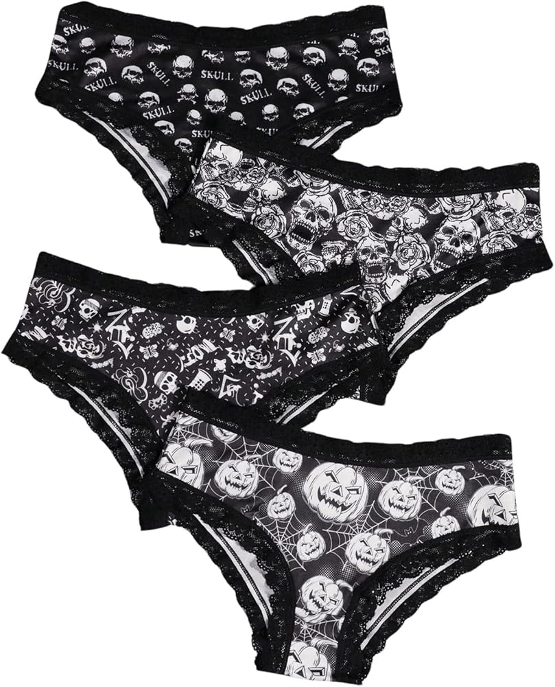 WDIRARA Women's 4 Pieces Gothic Lace Hipster Panties Set Low Rise Halloween Skull Underwear