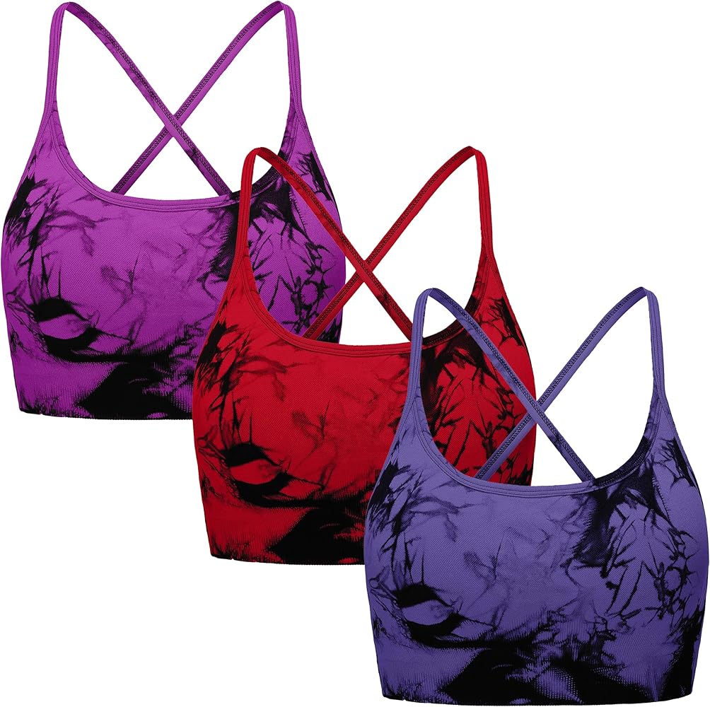 OVESPORT 3 Piece Women's Workout Sports Bras Seamless Tie-dye Strappy Gym Yoga Crop Bra