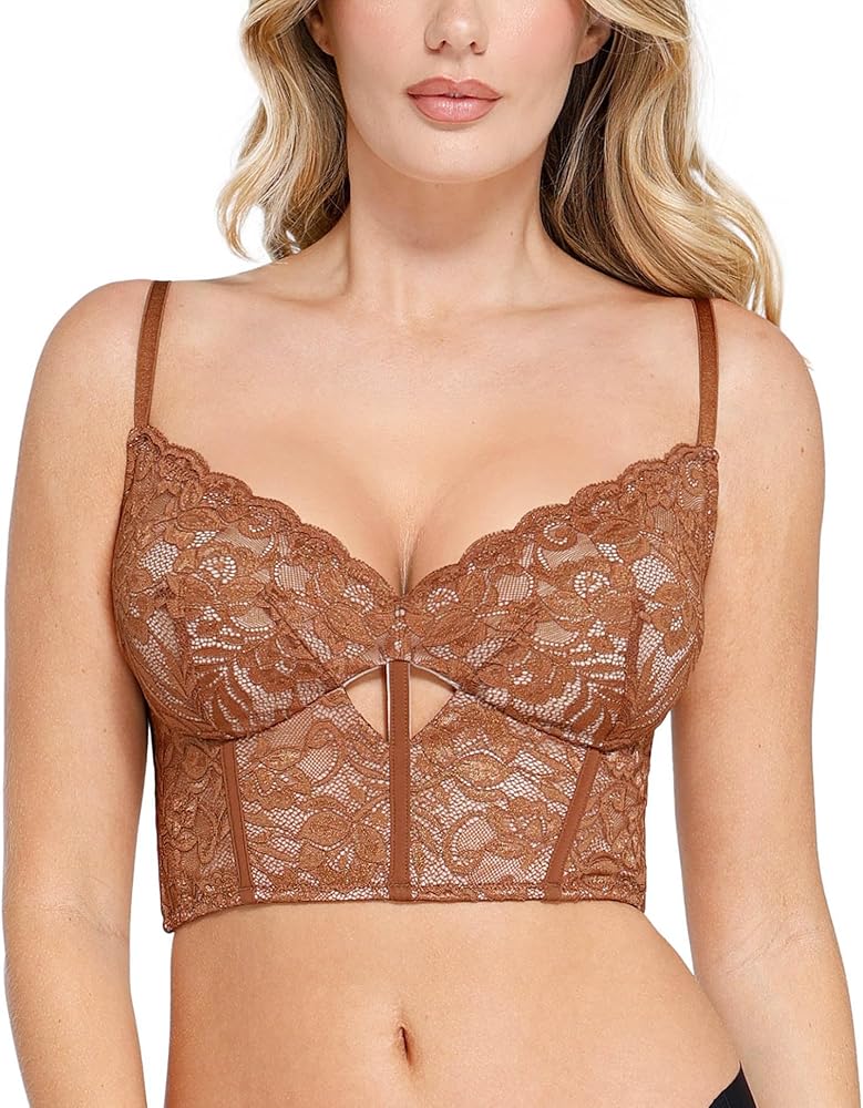 Popilush Shapewear Lace Bralette Corset Tops for Women Deep V Neck Bustier Corset with Underwired Adjustable Strap Crop