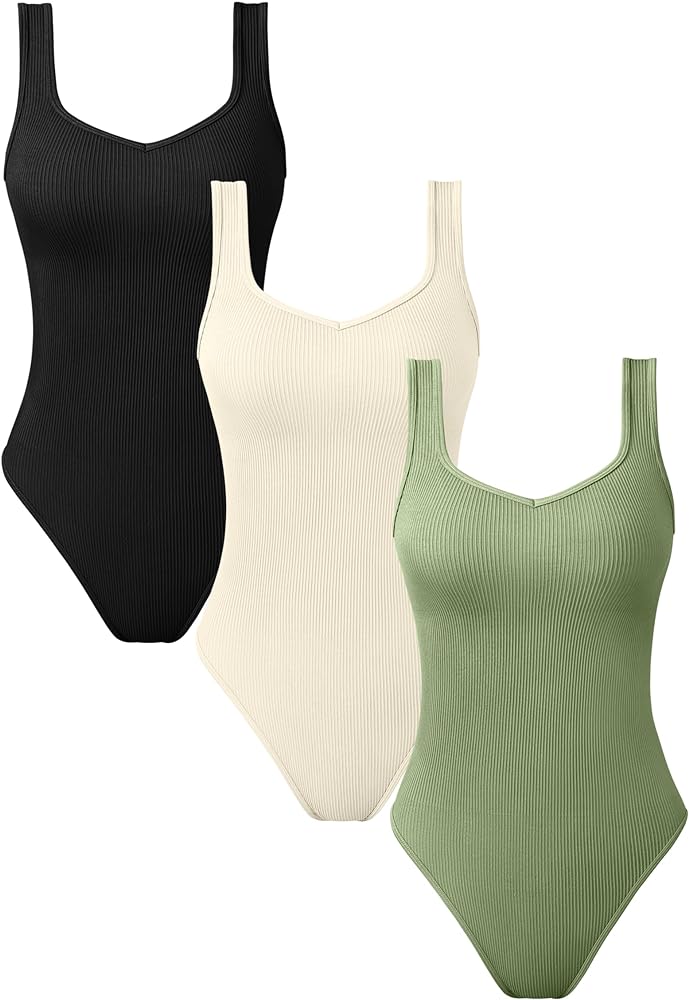 OQQ Women's 3 Piece Bodysuits Sexy V Neck Sleeveless Stretch Tank Tops Bodysuits