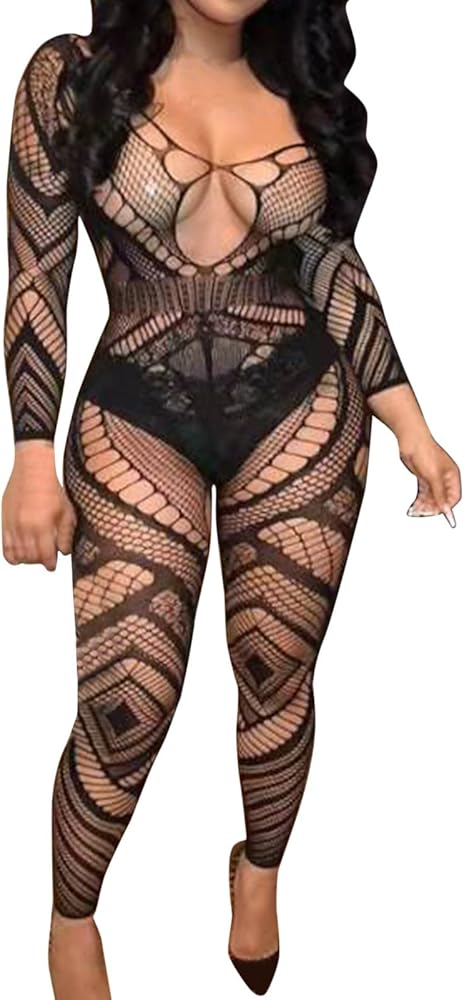 Women's Lingerie Fishnet Bodystocking Sparkle Rhinestone Tight High Sexy Mesh Full Body Stockings Babydoll Teddy Off The Shoulder Long Sleeve Bodysuits Comfortable Free Size Smock Lingerie for Women