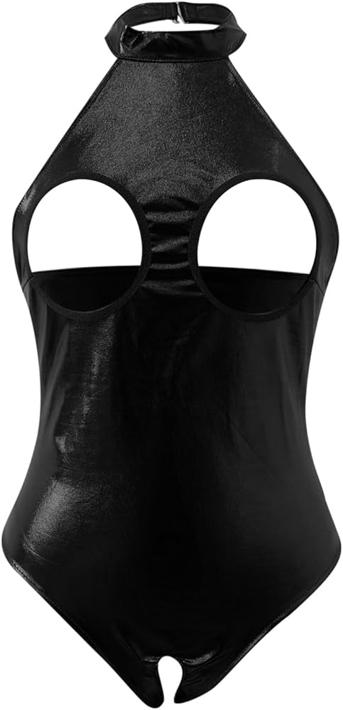 Pu Leather Lingerie Black Snap Crotch Bodysuit One Piece Leotard Halter Body Suit Top Valentines Day Lingerie Negligee