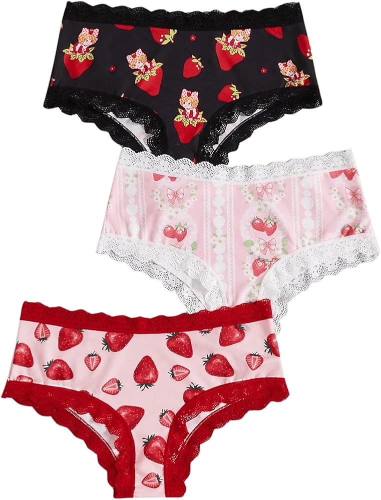 WDIRARA Women's 3 Piece Underwear Strawberry Print Lace Trim Panty Mid Rise Brief Set