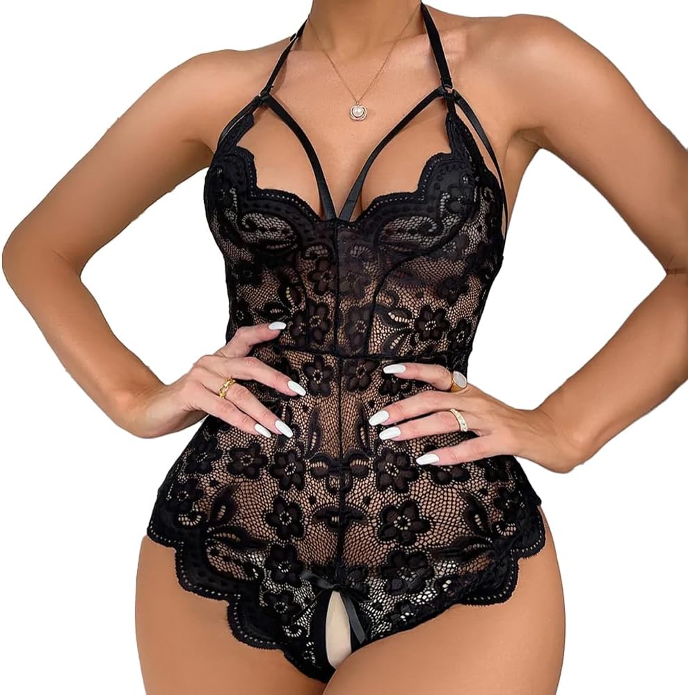 Sexy Floral Lace Bodysuit Women One Piece Lingerie Deep V Neck Teddy Mini Babydoll