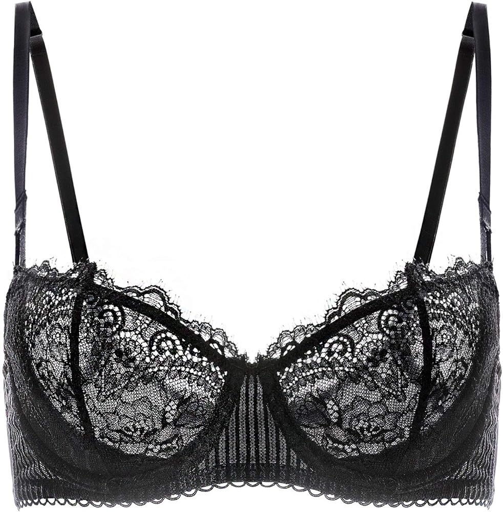 DOBREVA Women's Sexy Lace Push Up Plus Size Bra Sheer Balconette Underwire Unlined