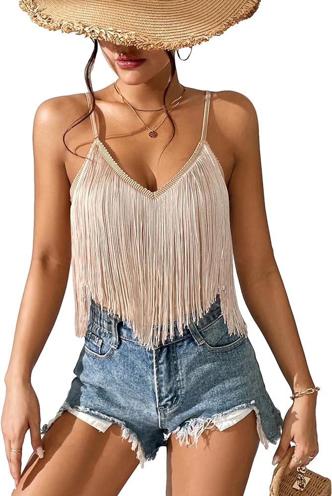 COZYEASE Women's Solid Spaghetti Strap Fringe Hem Camisole V Neck Boho Cami Crop Top