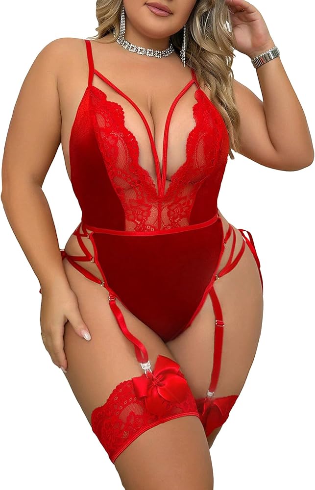 WDIRARA Women's Plus Size Floral Lace Cut Out Lace Up Side Garter Lingerie Teddy Bodysuit with Leg Rings