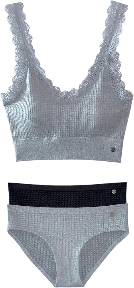 Lucky Brand Women’s Waffle Lace Nylon Bralette and 2 Pack Bikini Panty Set (Heather Grey/Black, X-Large)