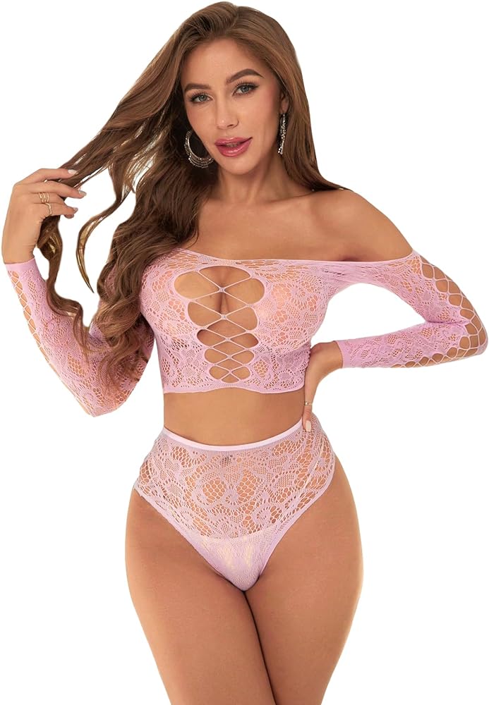 SHENHE Women's Off Shoulder Fishnet Mesh Lingerie Set Long Sleeve Sheer Crop Top and High Waisted Thong Sexy Sets