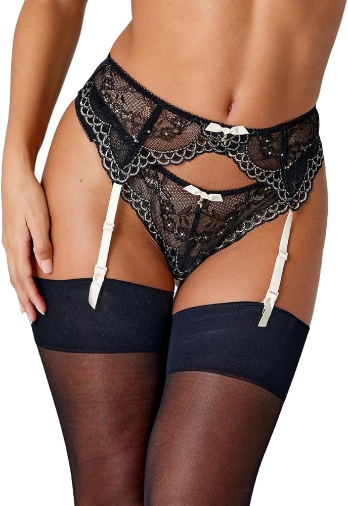 Gossard Women's Superboost Lace Suspender Garter Belt- 4 Adjustable Straps, Black (Black/Ivory Rose), Medium