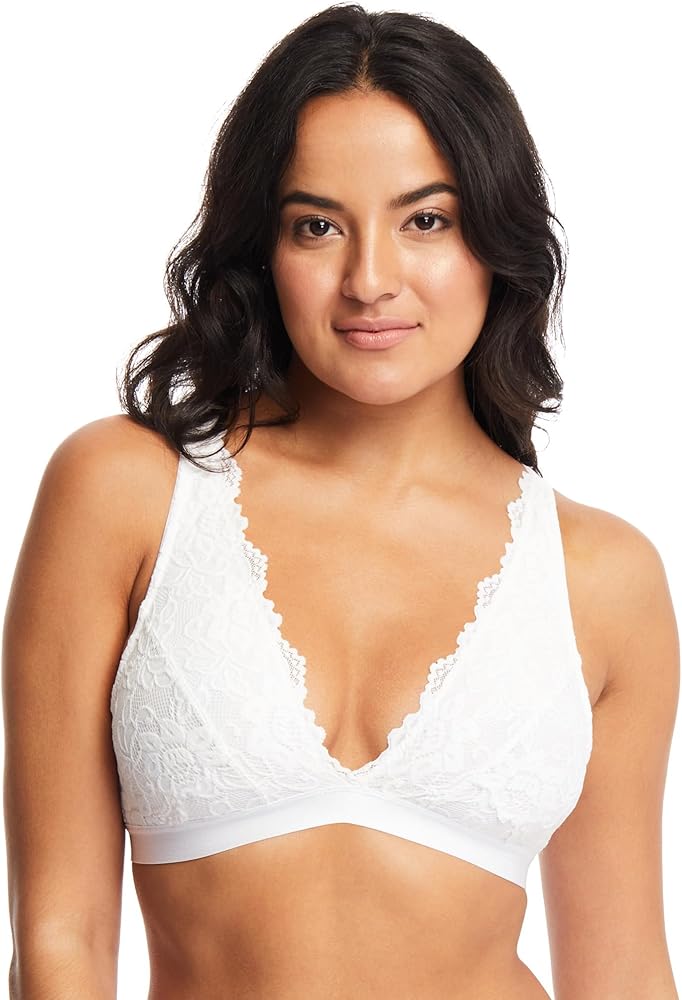 Women's Ivy Lace Bralette with Adjustable Straps, Unpadded Unlined Wireless Plunge Bra, Perfect Everyday Lingerie, Large, White