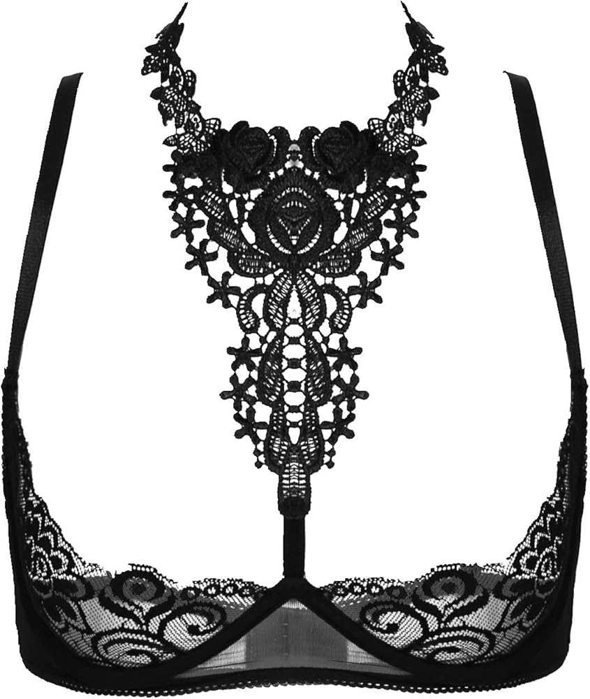 YiZYiF Women's Sexy 1/4 Cup Lace Bra Balconette Mesh See Through Bralette Underwired Plunge Bras