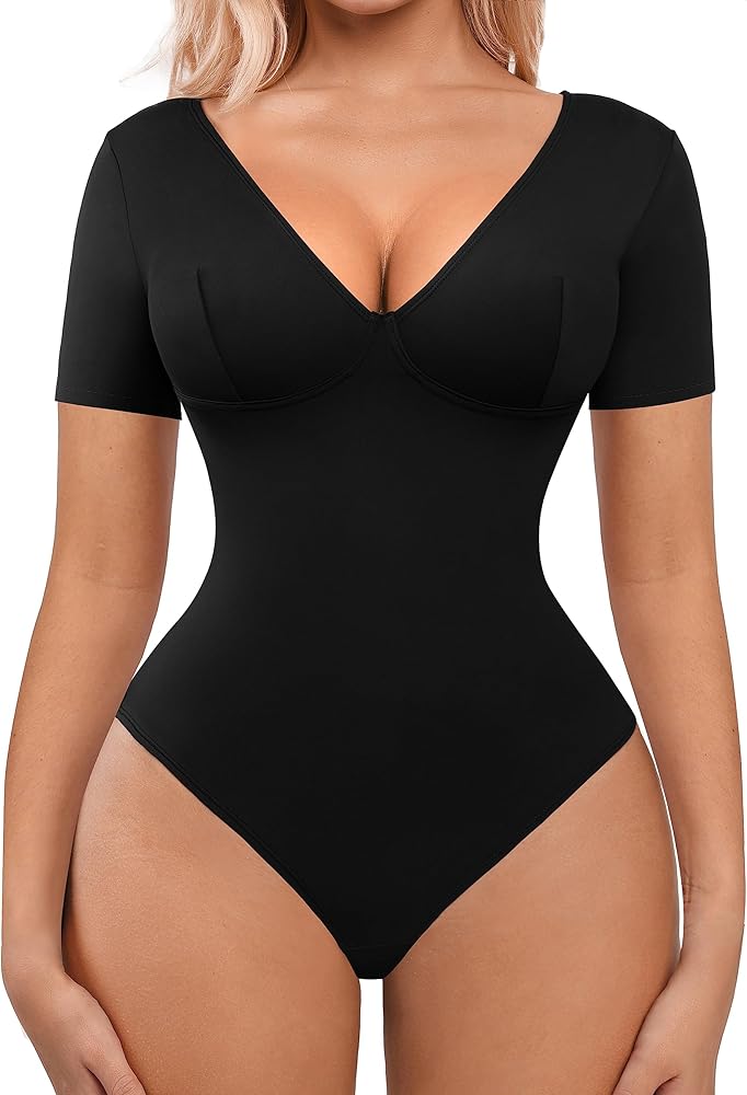 FeelinGirl Short Sleeve Bodysuit for Women Tummy Control Shapewear Going Out V Neck Shirt Slim Top