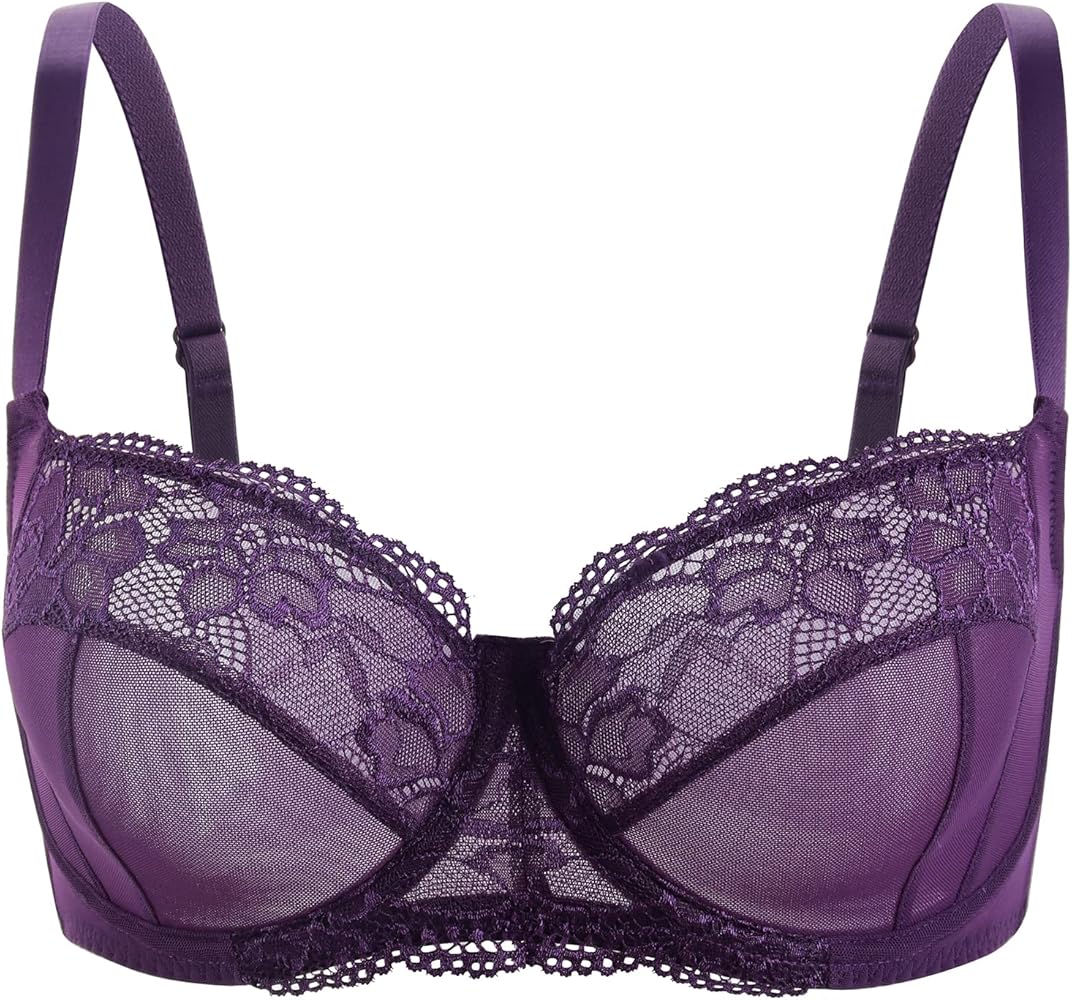 Demi See Through Plus Size Bra Comfy Balconette Unlined Sheer Underwire Support Lace Bralette for Women