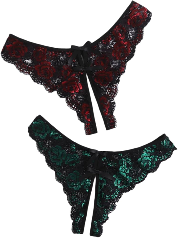 Floerns Women's Plus Size 2 Pack Lace Seamless V-Strings Thong Panties Set