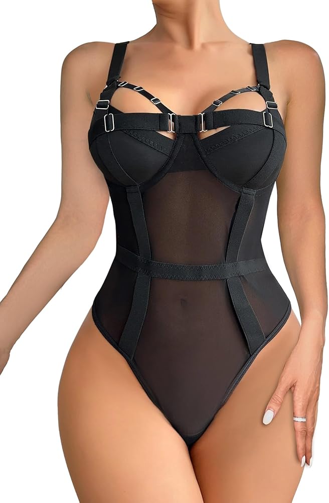 Lilosy Sexy Strappy Push Up Mesh Sheer Underwire Babydoll Lingerie Women Harness Teddy Bodysuit Nightshirt