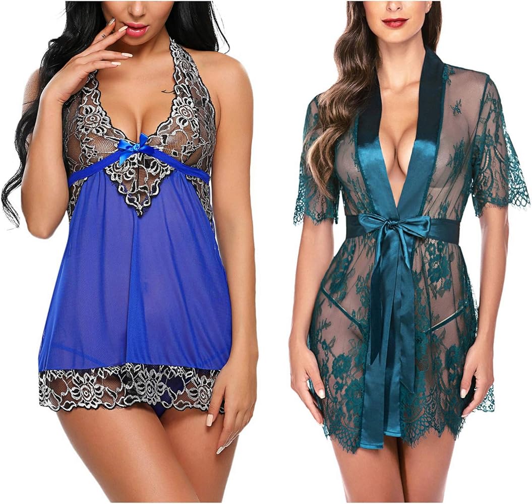 Avidlove Women Babydoll Lingerie(Blue,Medium) and Women Kimono Robe(Dark Green,Medium)