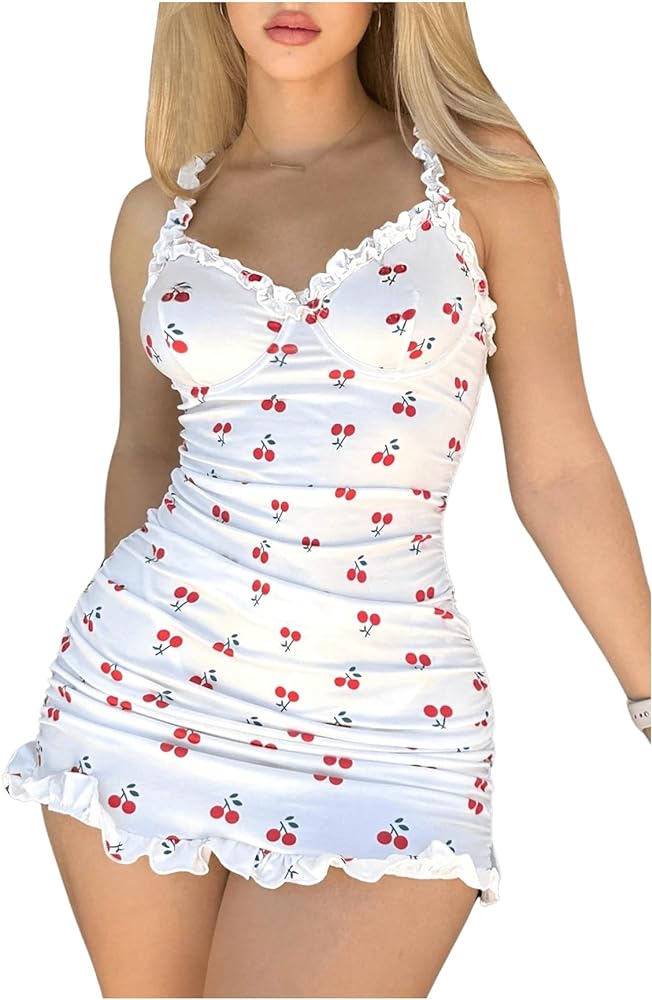 Women's 2 Piece Lingerie Set Cherry Print Frill Ruched Bodycon Babydoll Dress Nightgown with Panty