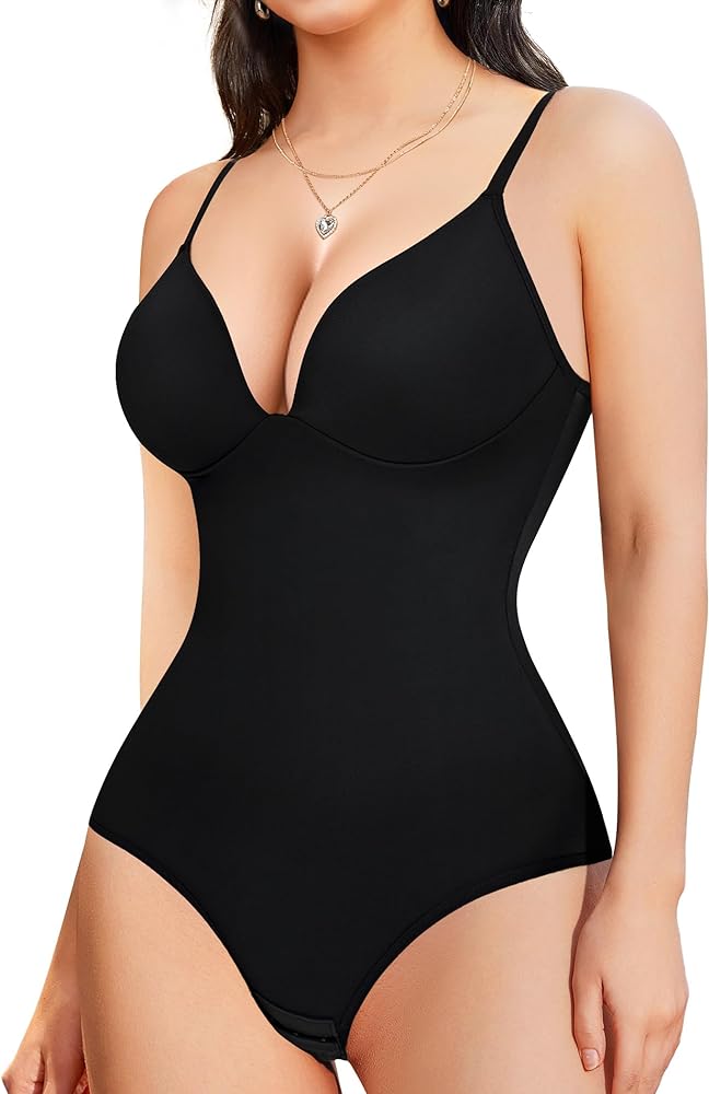 LODAY Bodysuits for Women Shapewear Tummy Control V Neck Body Suit Tank Top with Built in Bra