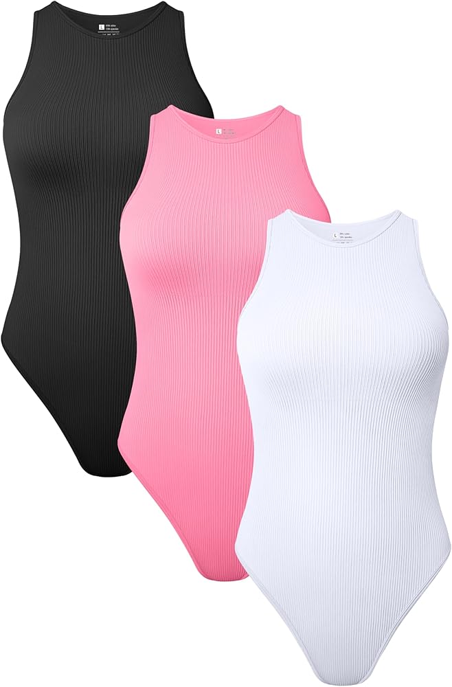 TOB Women's 3 Piece Bodysuits Sexy Ribbed Sleeveless Halter Neck Shapewear Bodysuits