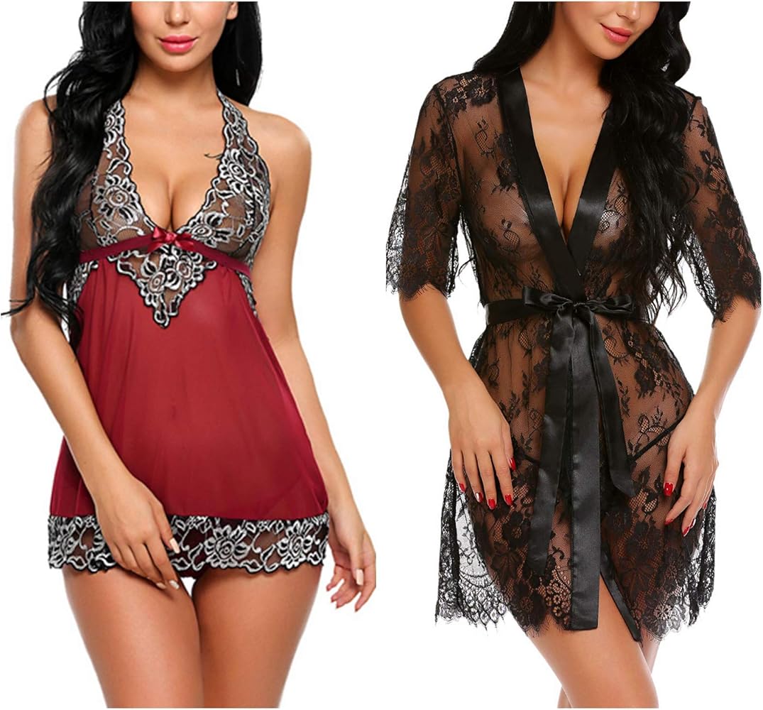 Avidlove Women Babydoll Lingerie(Dark Red,Large) and Women Kimono Robe(Black,Large)