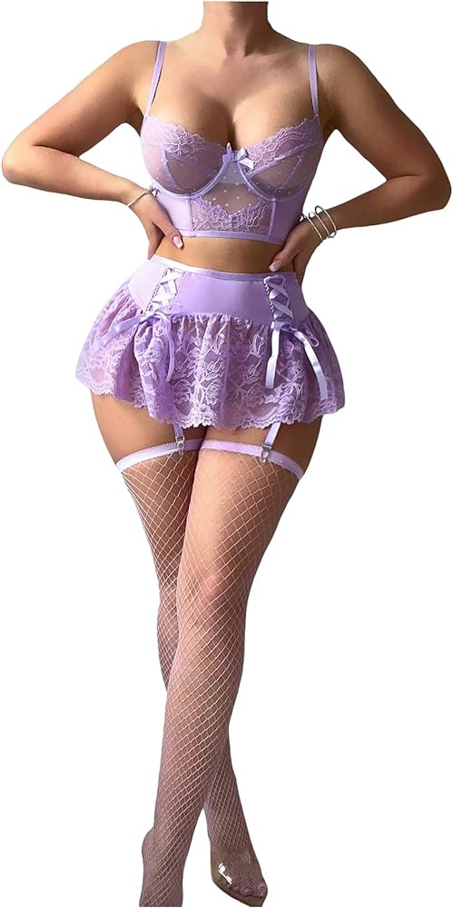 WDIRARA Women's 5 Piece Set Lace Mesh Sheer Knot Detail Lingerie Set with Panty Skirts and Stockings