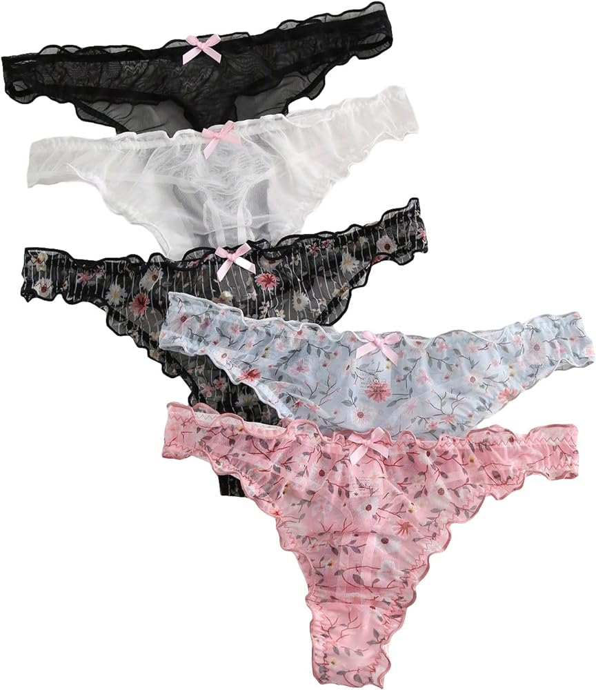 SHENHE Women's 5 Packs Floral Lettuce Trim Bow Low Rise Cute Thong Panties Underwear