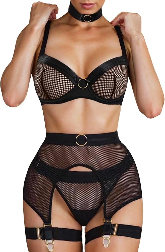 Sexy Lingerie for Women 4 Piece Strappy Lace Garter Lingerie Sets High Waisted Mesh Sheer Lingerie set with Choker