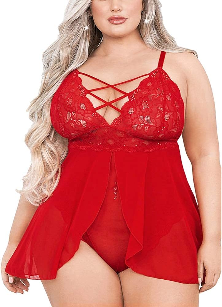 EVELUST Plus Size Lingerie for Women - Sexy Double Layer Chemise Comfy Boudoir Outfits Lace High Waist Teddy Babydoll