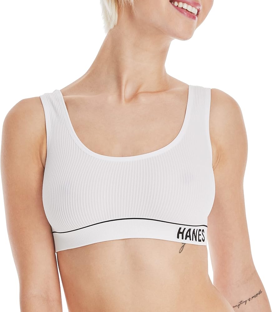 Hanes Women's Originals Seamless Rib Crop Bralette, Wireless Scoop Pullover Bra, Comfortflex Fit