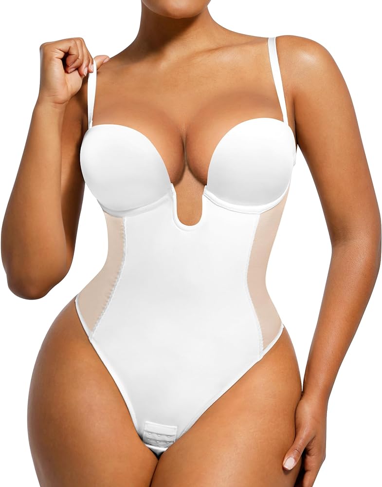 SHAPELLX Strapless Shapewear Bodysuit for Women U Plunge Corset Backless Body Shaper Tummy Control Thong Top Daily Wear