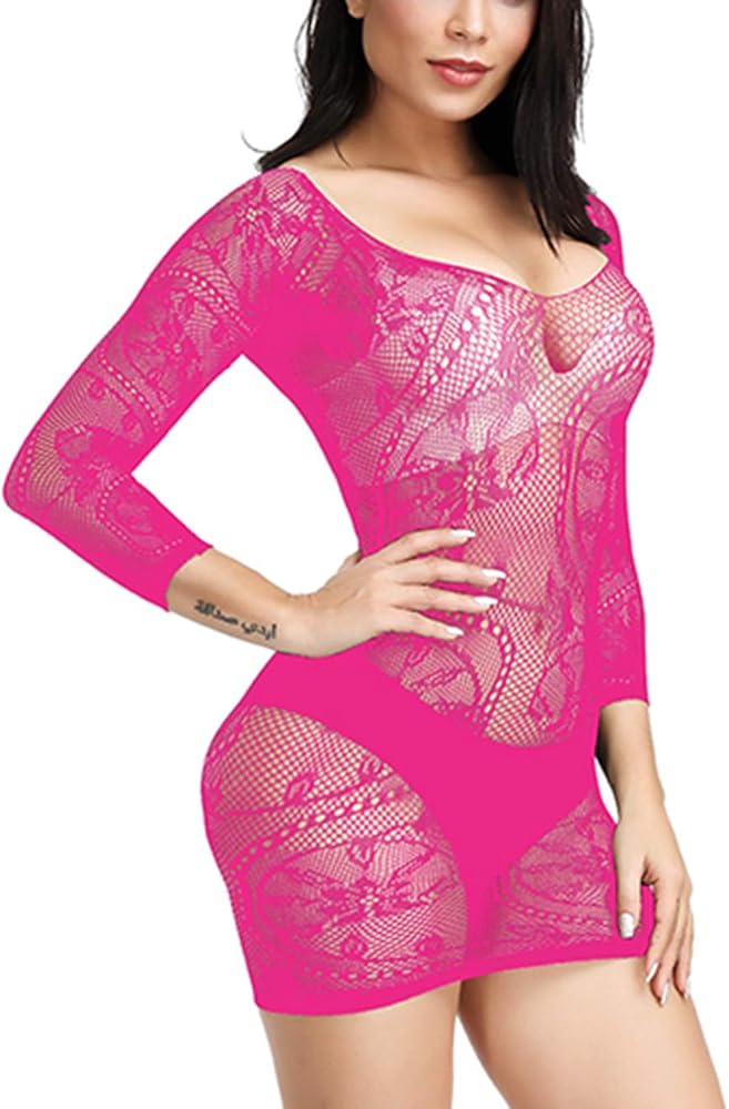 Women Fishnet Lingerie Sleepwear Loong Pattern Mesh Babydoll Mini Dress Free Size Bodysuit One Piece